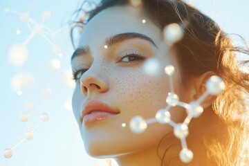 A young woman’s flawless skin radiating vitality with floating molecular structures