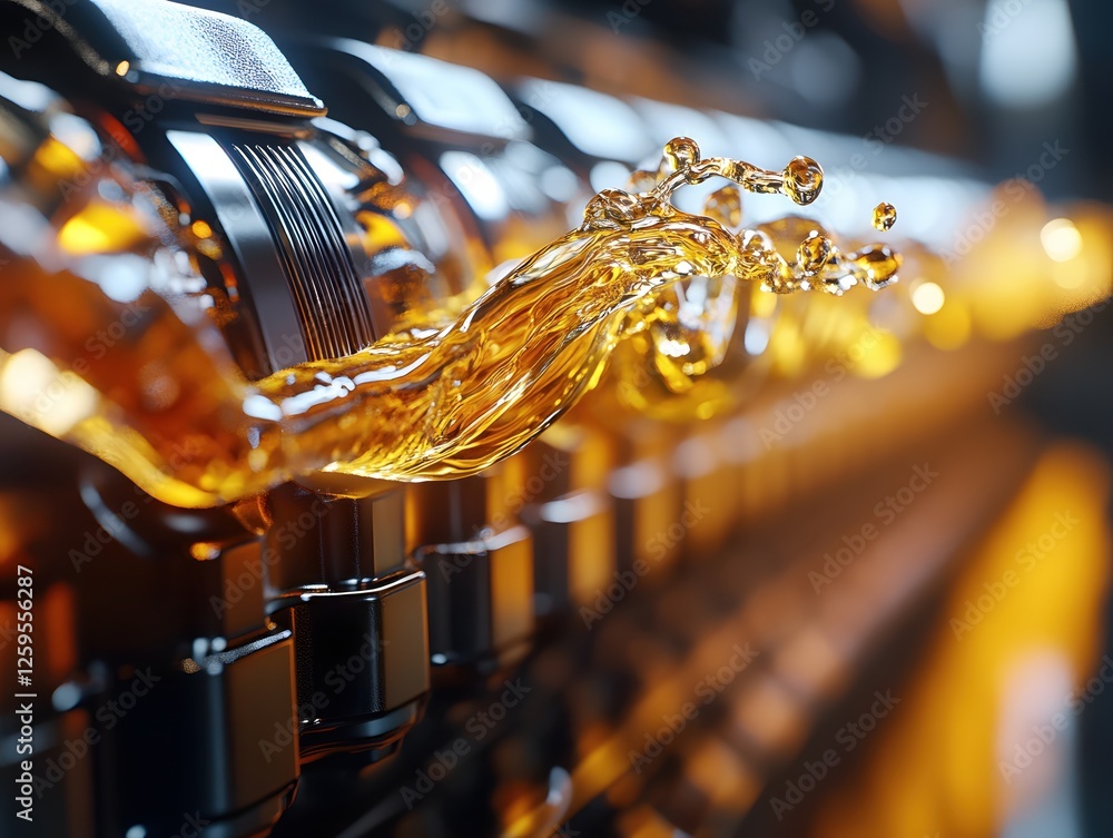 Poster golden liquid splashing across a row of dark metal components in a mesmerizing display