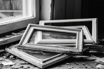       A black and white photo of a room with a window and a bunch of frames