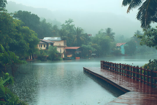  Misty riverside village with lush greenery, calm water, tropical landscape, wooden bridge, peaceful scenery, nature retreat, monsoon beauty, tranquil countryside, Kerala