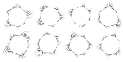 Sound wave, circular equalizer icons, round music soundwave shape, concentric energy burst. Vector illustration.
