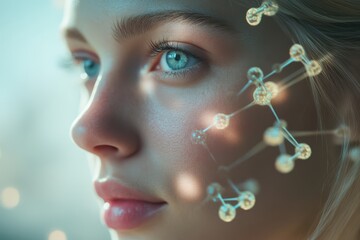 A young woman’s flawless skin radiating vitality with floating molecular structures