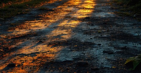 Faint golden light reflects on a rough, cracked ground as dark shadows creep forward. The eerie contrast between warmth and darkness suggests an ominous, unseen presence