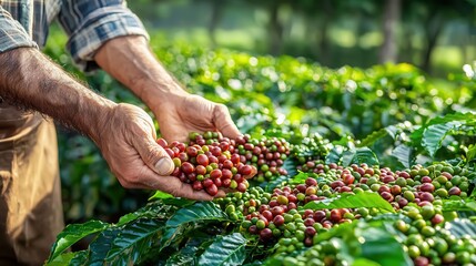 coffee hand picking organic harvest. Harvesting ripe coffee cherries in a lush green plantation.