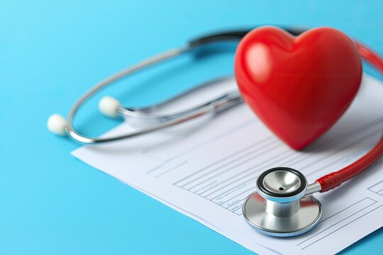 A red heart and stethoscope are placed on a medical form, symbolizing health care and wellness.