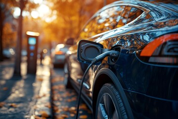 Naklejka premium Electric Car Charging Autumn Scene Sustainable Transportation