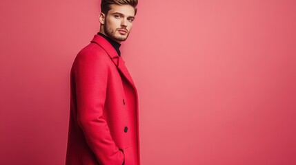 White man in red coat posing in winter setting