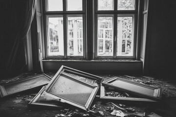       A close up of a window with a broken frame and a broken mirror