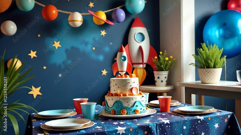 Poster a birthday party with a rocket cake and a rocket on the wall. there are also balloons and a potted p