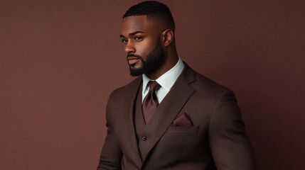 Stylish American model in dark brown suit for wedding photoshoot