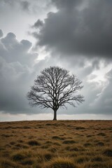 Obraz premium there is a lone tree in a field with a cloudy sky