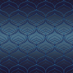 Seamless monochrome art deco pattern, dark blue background.