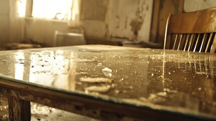Dusty table in abandoned room with sunlight streaming in