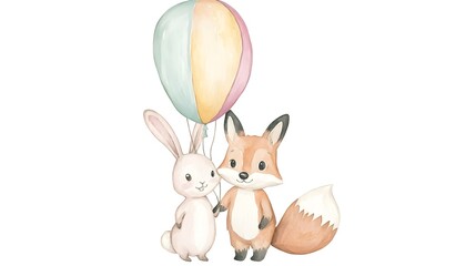 Obraz premium Watercolor illustration of a rabbit and fox holding a balloon