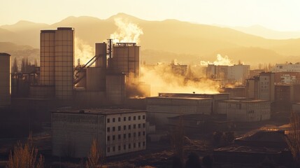 Industrial landscape at sunset with smoke and mountains