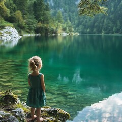 Fototapeta premium A serene scene of a young girl standing by a tranquil lake surrounded by lush greenery, reflecting a peaceful connection with nature and childhood wonder.