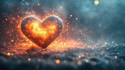 Glowing heart shape surrounded by sparkling particles and a mystical atmosphere at night