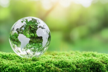 A glass globe with a map design sits on lush green moss, symbolizing nature and environmental awareness in a serene outdoor setting.