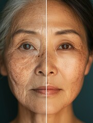 Side-by-side face comparison showing reality of aging, highlighting old vs young skin texture, wrinkles, and facial details in a hyperrealistic close-up.







