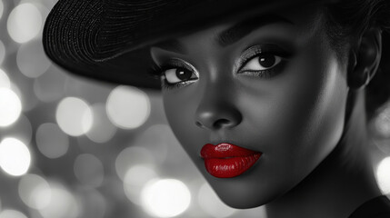 Striking black and white portrait with vibrant red lips, featuring a woman wearing a black hat against bokeh background, showcasing elegant beauty and dramatic contrast.