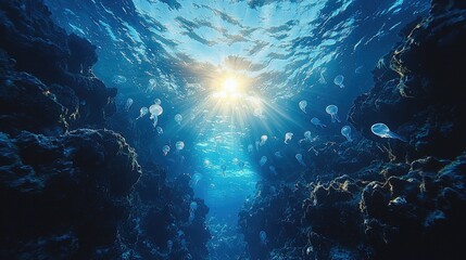 Fototapeta premium Underwater scene featuring jellyfish swimming in vibrant blue waters illuminated by sunlight