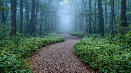 Obraz premium Serene winding pathway through a misty forest, surrounded by lush greenery and tranquil ambiance