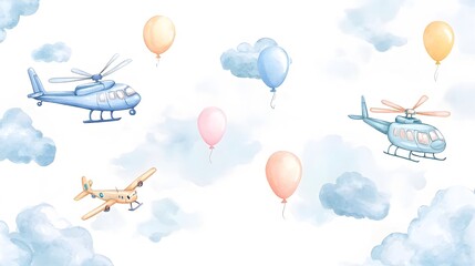 Whimsical airplanes helicopters and balloons float among fluffy clouds