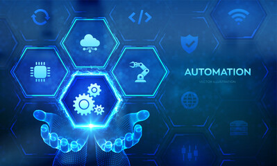 Fototapeta premium Automation Software icon in wireframe hands. IOT and Automation concept as an innovation, improving productivity in technology and business processes. Industrial smart technology. Vector illustration.