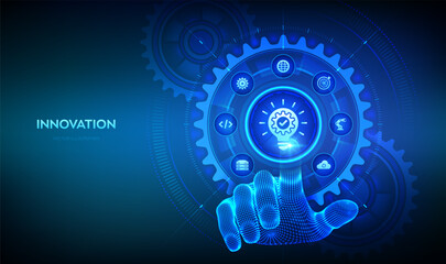 Innovation. Business innovative idea and solution technology concept. Creative Idea. Brainstorming. Creative Thinking. Hand touching digital interface with connected gears cogs and icons. Vector.