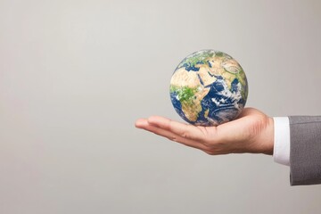 A person holds a small globe, symbolizing global awareness and responsibility, against a neutral background.