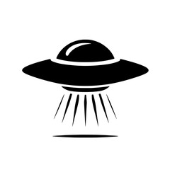 Unidentified Flying Object: A classic, minimalist illustration of a UFO, depicted in stark black silhouette against a white background, emitting beams of light from below.