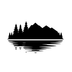 Mountain Lake Silhouette: A minimalist black and white illustration of a serene mountain lake scene, with evergreen trees and majestic mountains reflected in the still water.