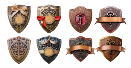 Vintage Shield Designs Featuring Keys and Elegant Ribbons, isolated on transparent background