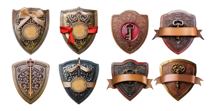 Vintage Shield Designs Featuring Keys and Elegant Ribbons, isolated on transparent background