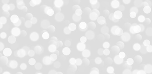 White bokeh, blurred grey background with sparkling lights, blurry glitter effect. Bright soft abstract background. Vector illustration.