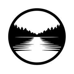 Serene Lake in Circle: A minimalist black and white illustration of a calm lake nestled between tranquil forests, enclosed in a circular frame, evoking a sense of peace and serenity. 