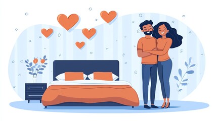 A couple stands together in a cozy bedroom, surrounded by hearts and decorative plants, conveying warmth and affection.