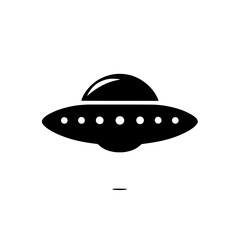 UFO Icon: A minimalist black and white icon depicting a classic flying saucer, symbolizing extraterrestrial life and the unknown. This vector graphic is perfect for web design, apps.