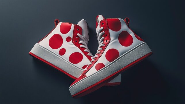 Red and white high-top boxing shoes with large red polka dots on the sides, flat-lay photography