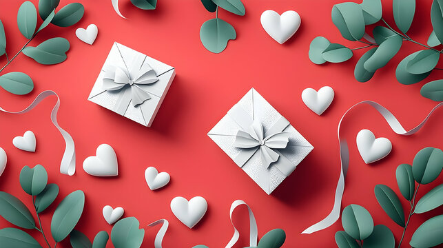 Romantic gift boxes, hearts, and leaves on red background; ideal for Valentine's Day or anniversary greeting cards