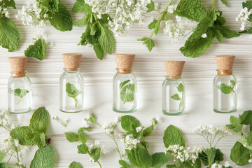 Fresh mint leaves in clear glass bottles filled with herbal essential oils create calming and natural aesthetic. arrangement of greenery enhances soothing vibe