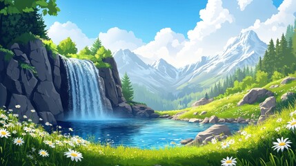 Fototapeta premium Mountain waterfall pool, daisies, sunny alpine landscape, game background