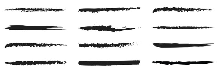 Charcoal pencil straight horizontal lines. Scribble black strokes vector set. Charcoal texture lines isolated on white background. Grunge smears, thin and thick chalk strokes, pencil dividers.