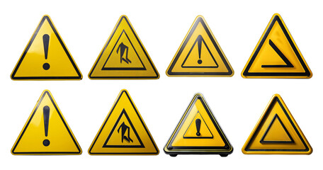 Collection of Warning Signs with Yellow Triangles and Symbols, isolated on transparent background
