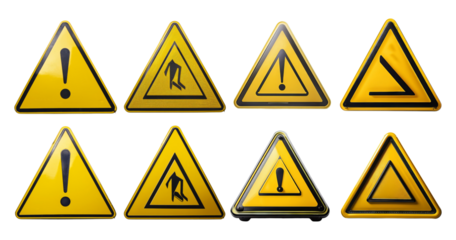 Collection of Warning Signs with Yellow Triangles and Symbols, isolated on transparent background
