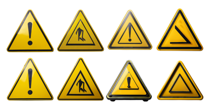 Collection of Warning Signs with Yellow Triangles and Symbols, isolated on transparent background