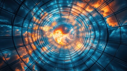 Circular Skylight, Modern Building, Sunset Cloudscape, Abstract, Architecture