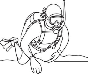 Elegant Line Drawing of Scuba Diver Underwater