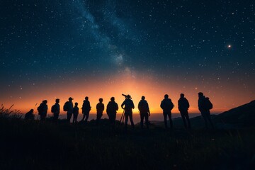 Fototapeta premium Stargazing Group Silhouette at Sunset Milky Way Night Sky
