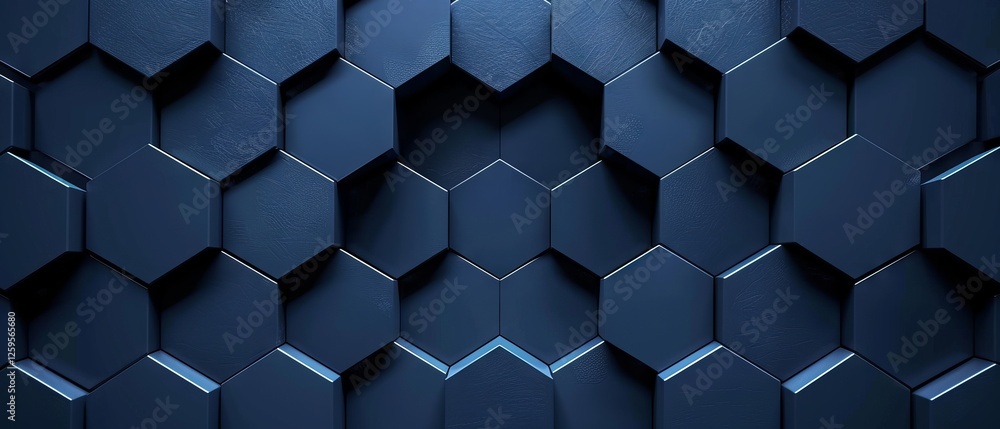 Poster dark navy hexagonal background with a radial center space, 3d illustration and rendering placeholder
